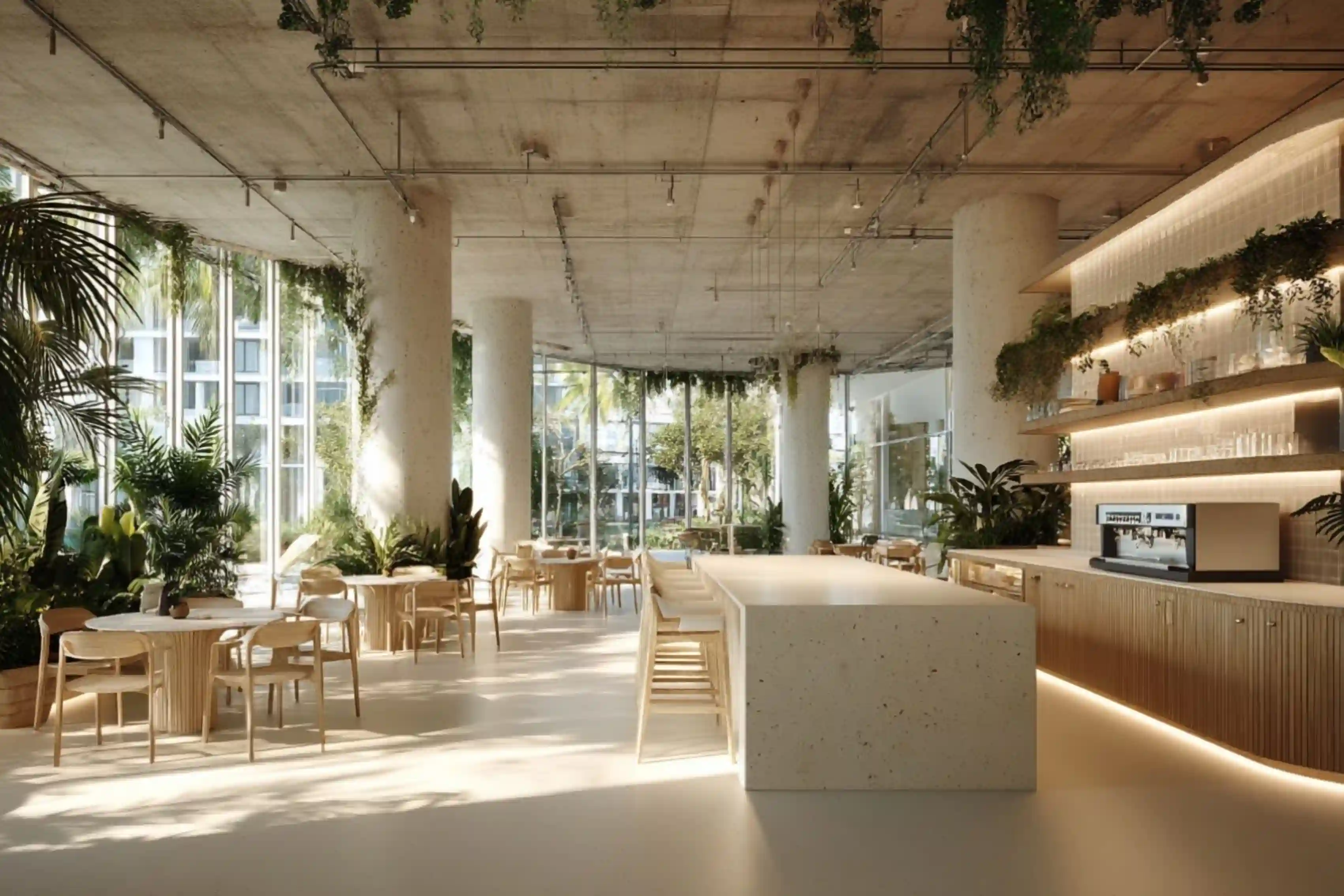 Ziggurat Corporate Project - Hospitality-inspired office cafe with natural stone counters and greenery - AiSpaces.webp
